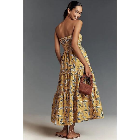 Anthropologie 100% Cotton Yellow Floral Somerset Strapless Maxi Dress Size Large - Picture 2 of 8